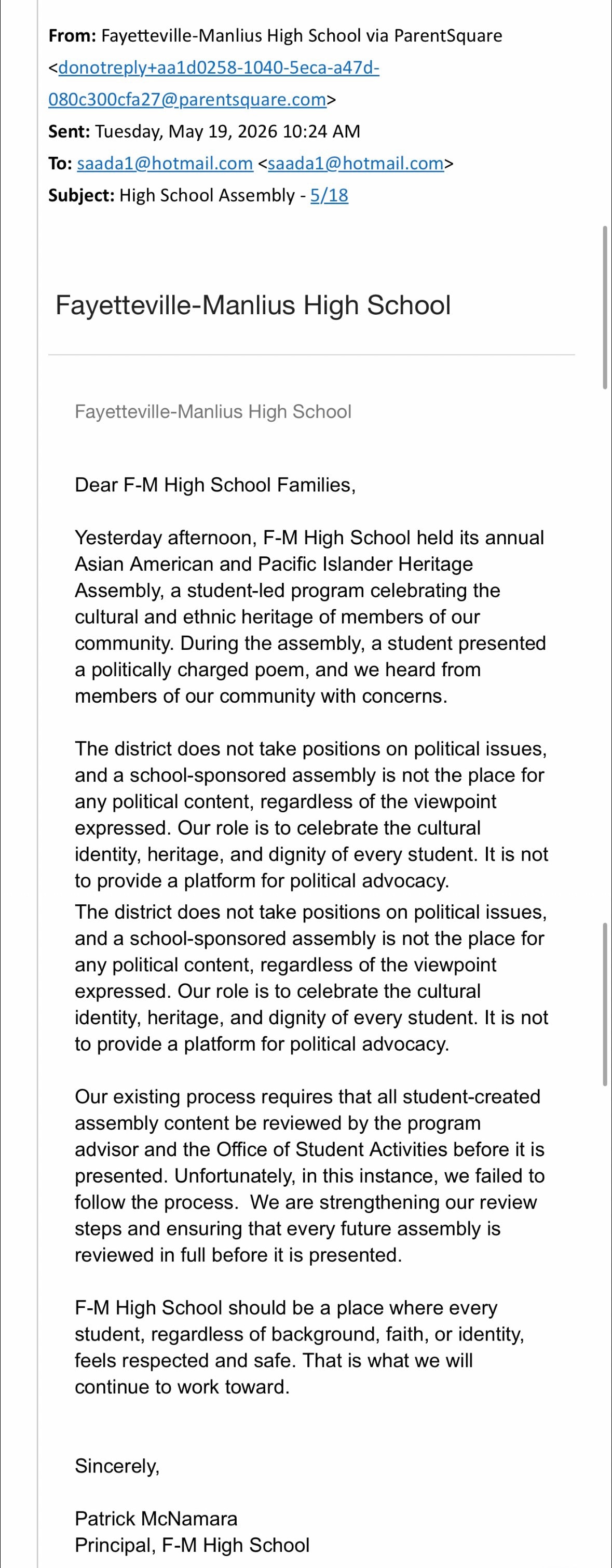 ParentSquare communication from Fayetteville-Manlius High School to families, May 19, 2026, regarding the AAPI Heritage Assembly