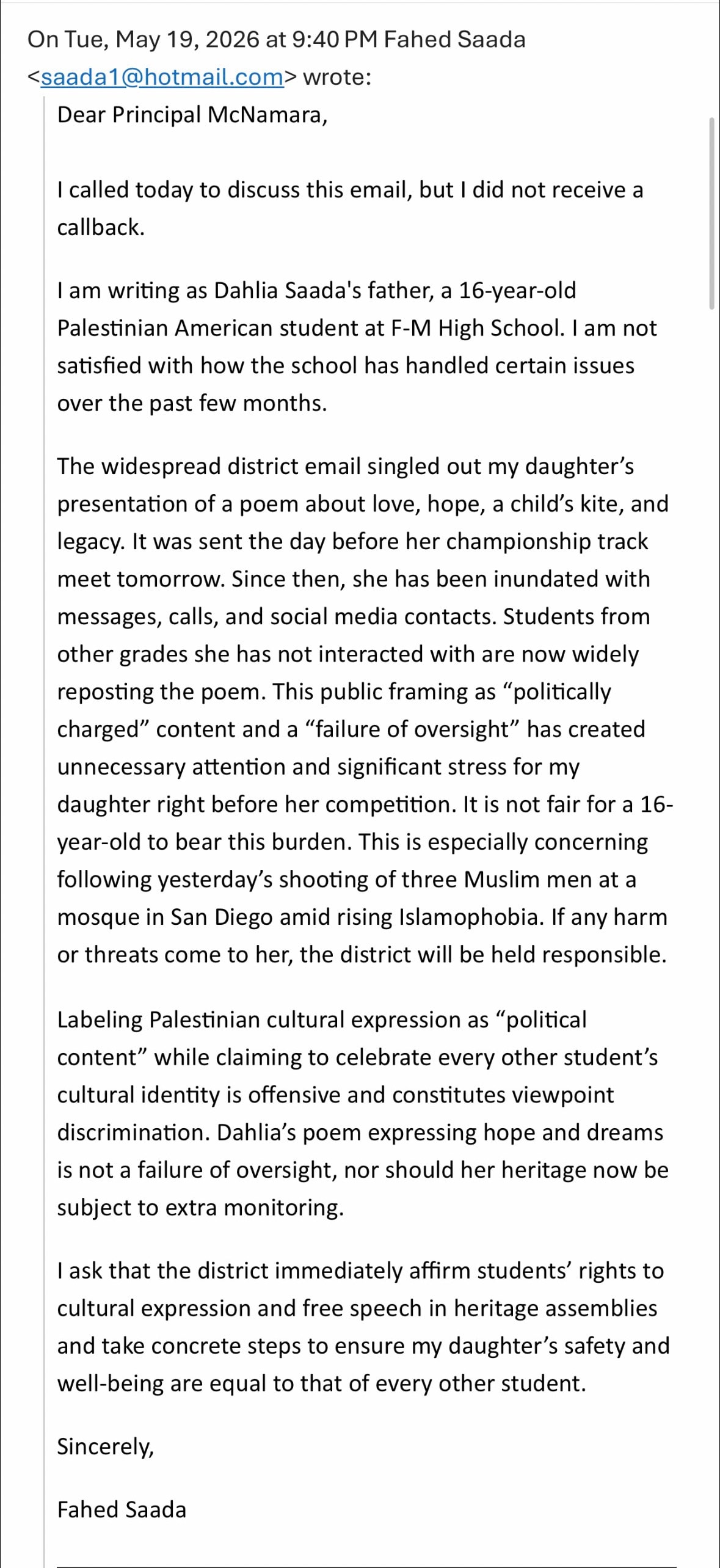 Email from Dr. Fahed Saada to Principal Patrick McNamara, May 19 2026 9:40 PM, objecting to the school's characterization of his daughter's presentation