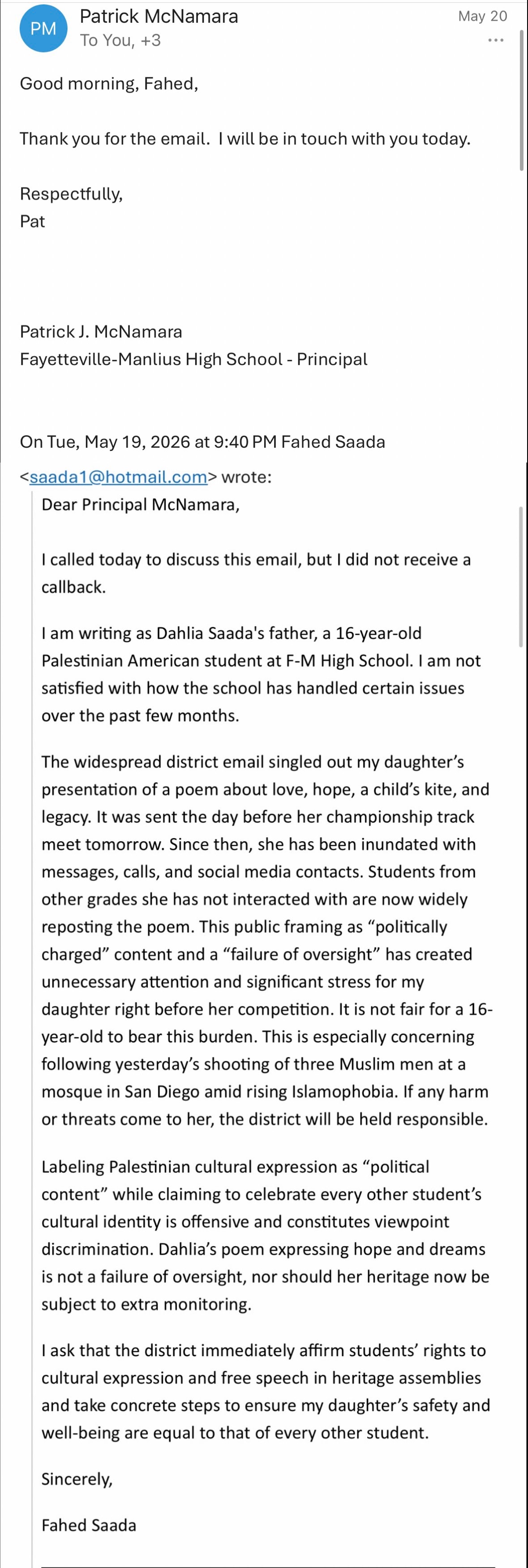 Email from Principal Patrick McNamara to Dr. Fahed Saada, May 20 2026, acknowledging the complaint