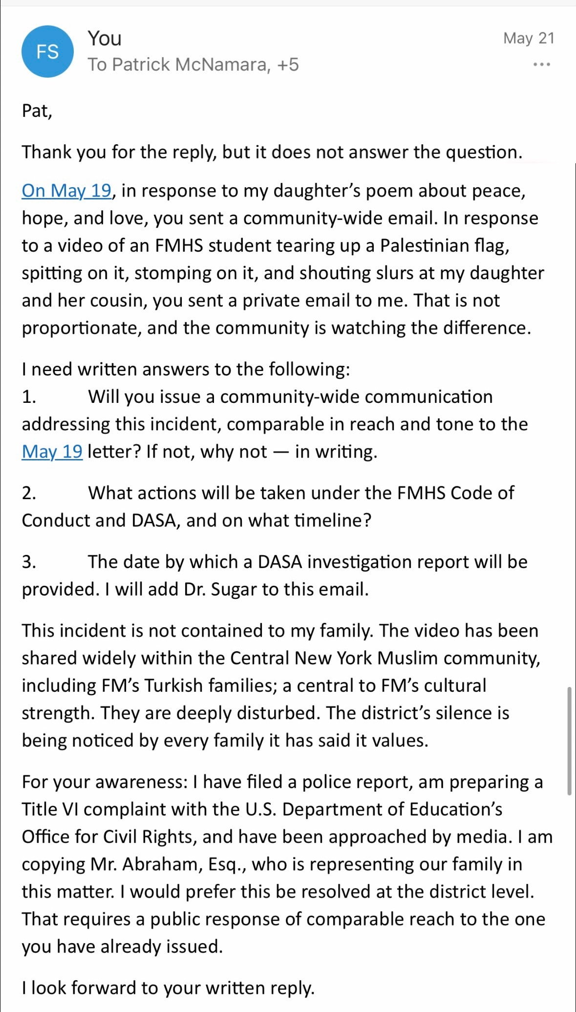 Email from Dr. Fahed Saada to Principal McNamara and others, May 21 2026, asking why the responses to the two incidents differed