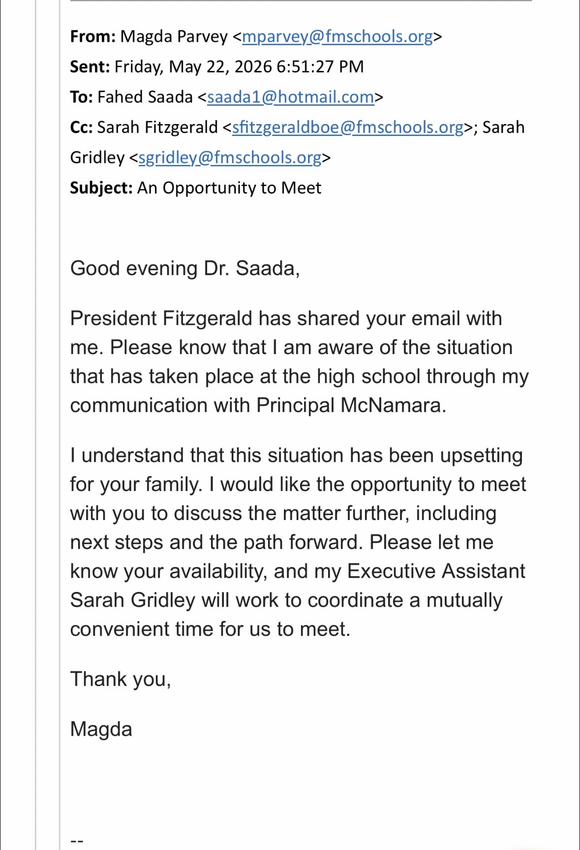 Email from Superintendent Magda Parvey to Dr. Fahed Saada, May 22 2026 6:51 PM, offering an opportunity to meet