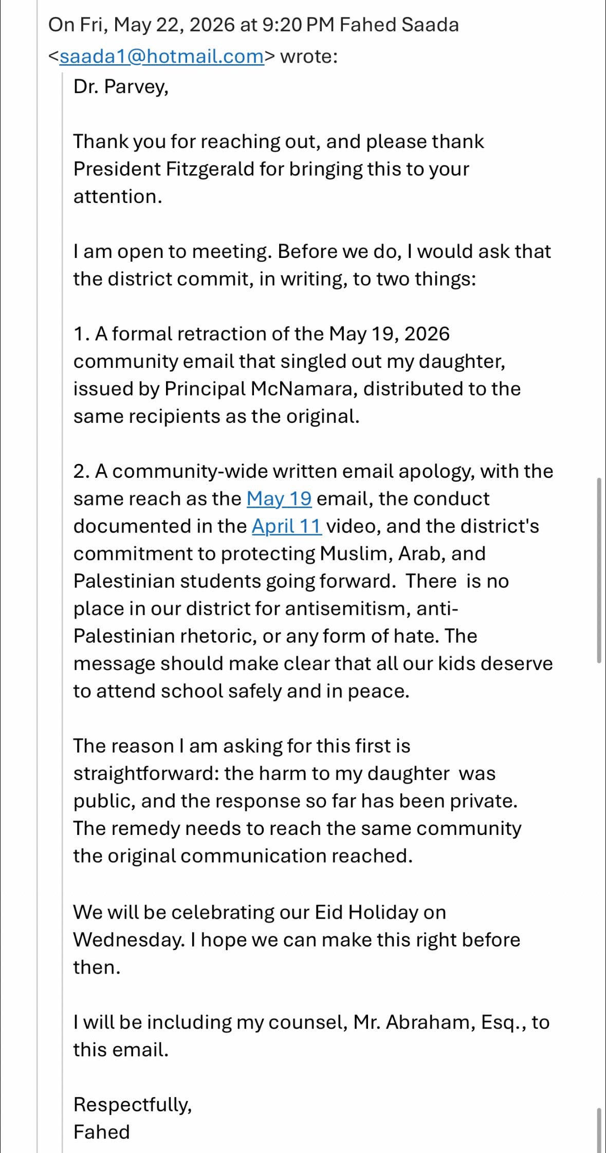 Email from Dr. Fahed Saada to Superintendent Magda Parvey and others, May 22 2026 9:20 PM, requesting a formal retraction and community-wide apology
