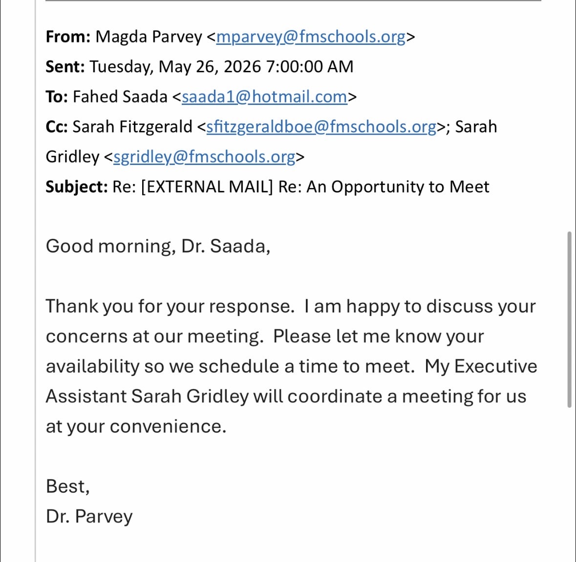 Email from Superintendent Magda Parvey to Dr. Fahed Saada, May 26 2026 7:00 AM, offering to schedule a meeting