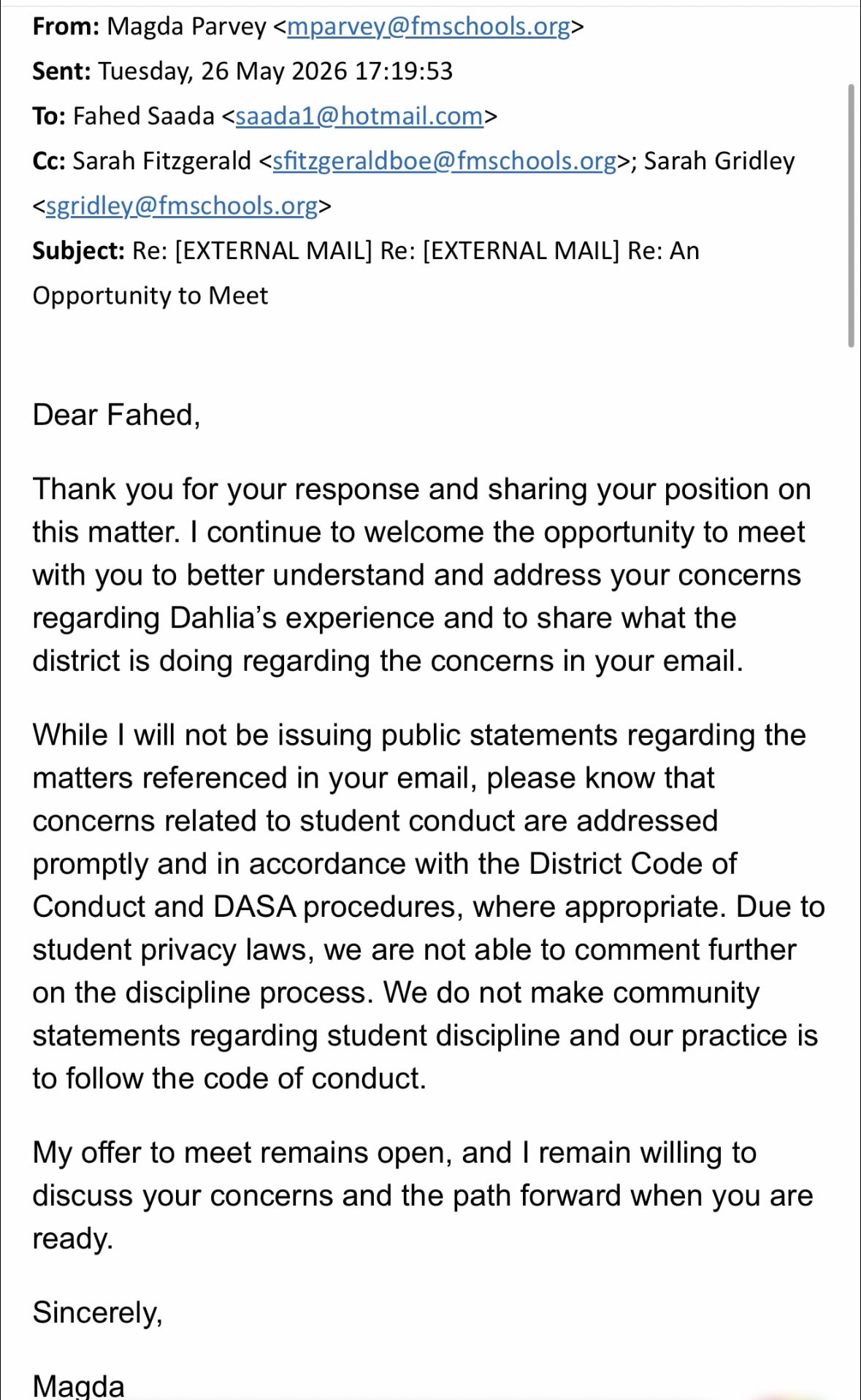 Email from Superintendent Magda Parvey to Dr. Fahed Saada, May 26 2026 5:19 PM, explaining the district will not issue the requested public statement