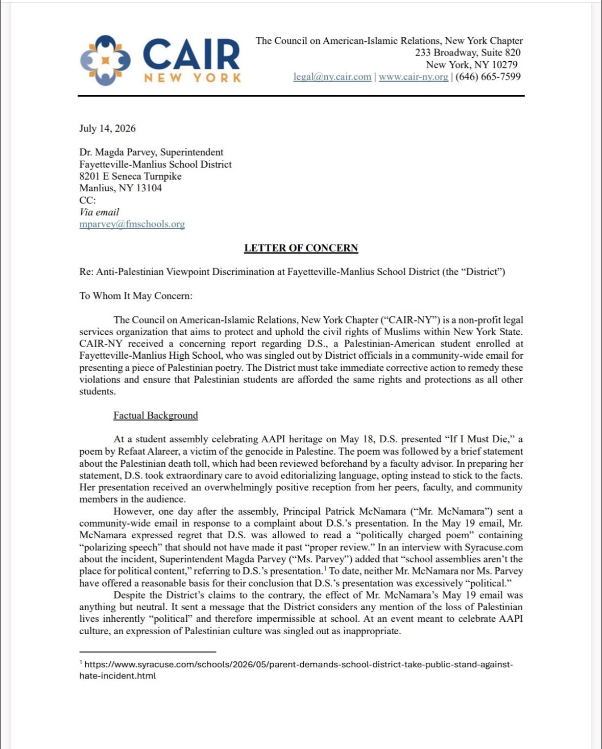 CAIR-NY Letter of Concern to Fayetteville-Manlius School District, July 14 2026 — Page 1 of 4
