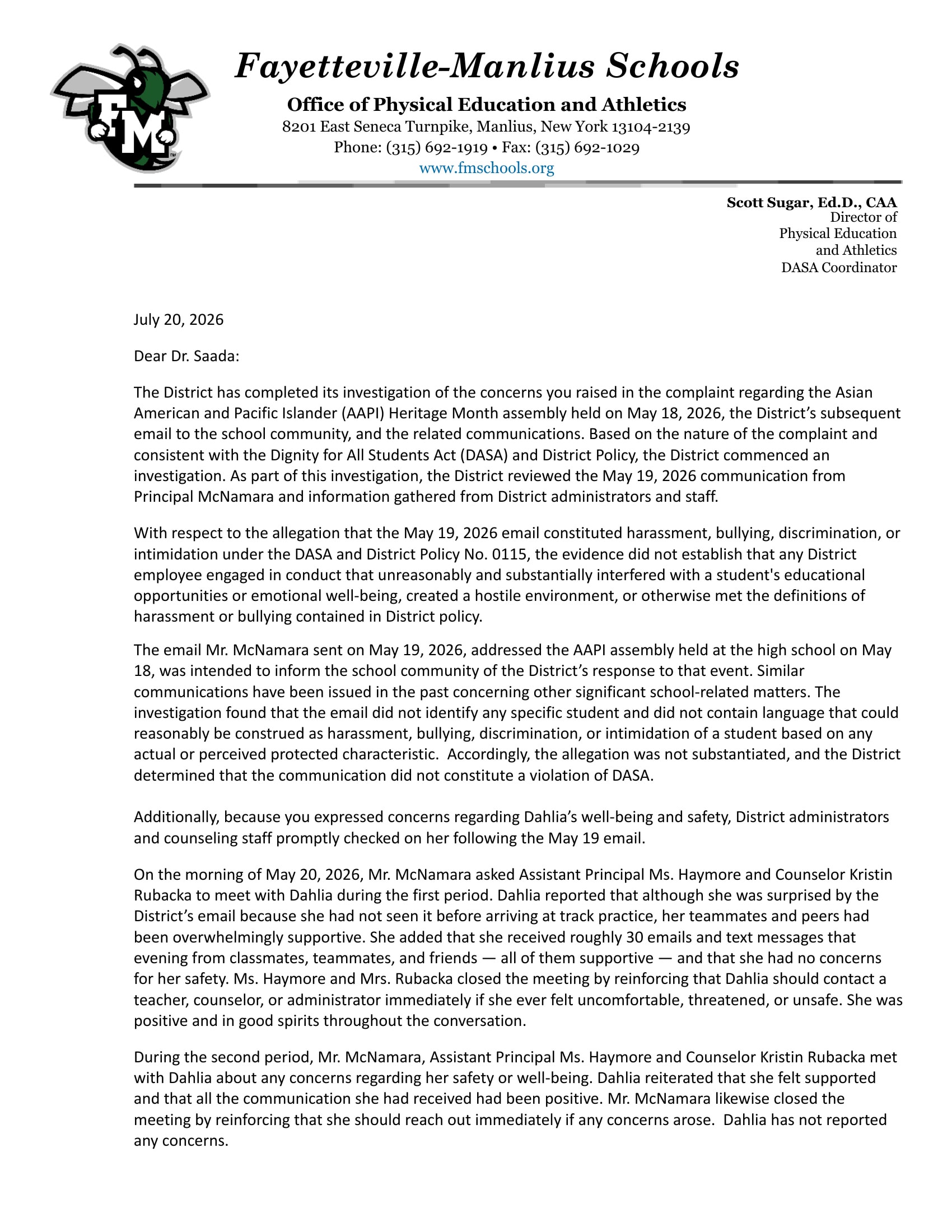 Fayetteville-Manlius Schools DASA Response Letter, July 20 2026 — Page 1 of 2, signed by Scott Sugar Ed.D. CAA, District DASA Coordinator